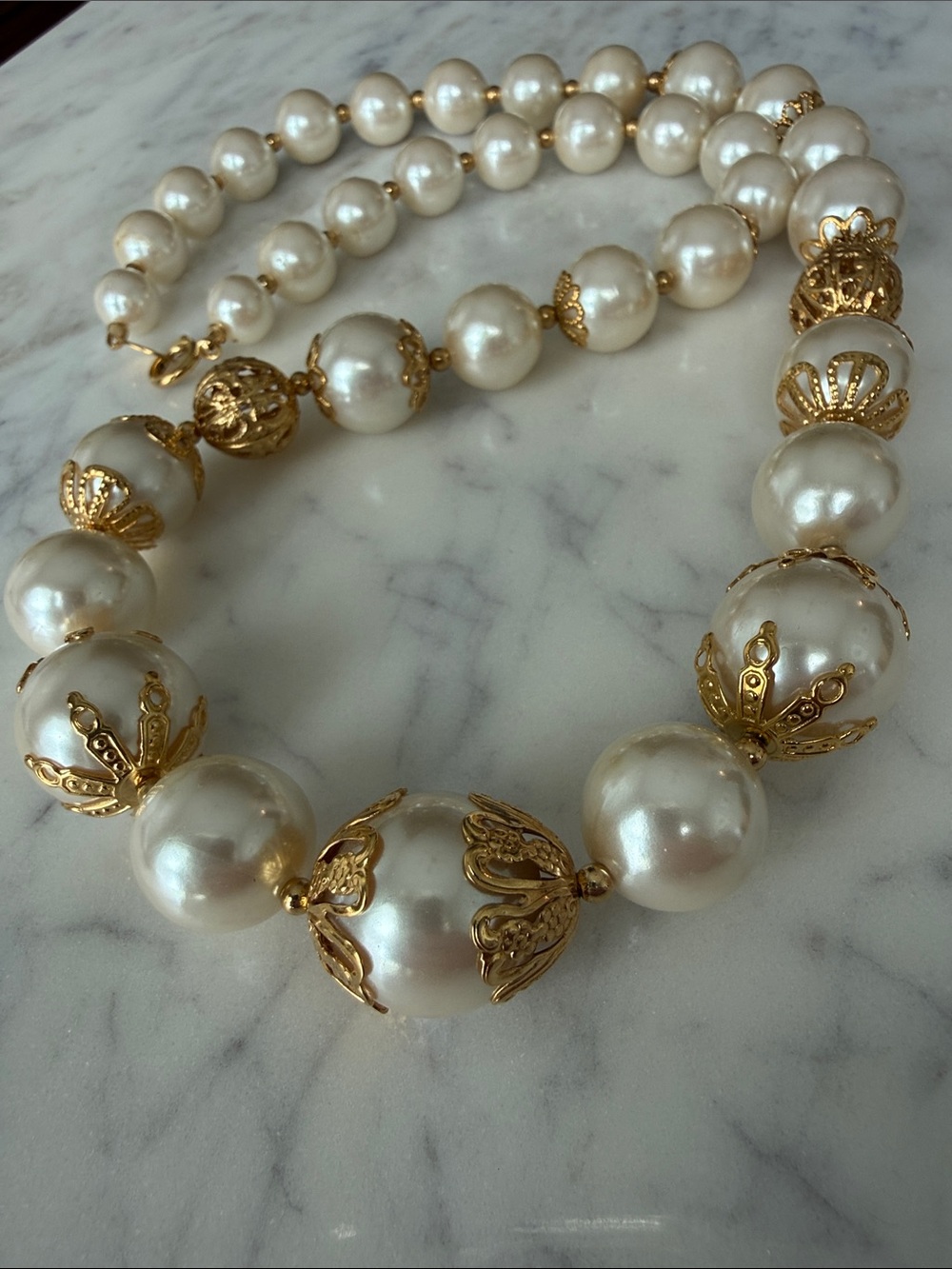 Vintage Trifari faux pearl gold tone filigree necklace jewelry costume old money